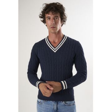 Pulover din bumbac cu decolteu in V - Alb murdar/Bleumarin