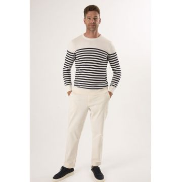 Pulover din bumbac cu model in dungi - Bej deschis/Bleumarin