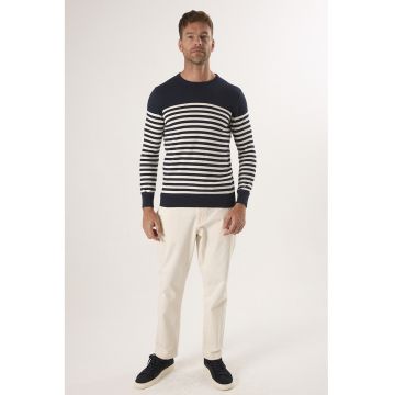 Pulover din bumbac cu model in dungi - Crem/Bleumarin