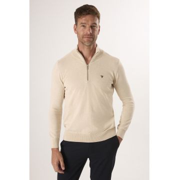 Pulover din bumbac tricotat - Bej inchis