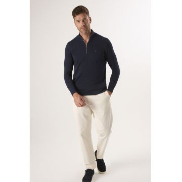 Pulover din bumbac tricotat - Bleumarin