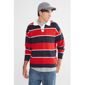 Pulover polo cu dungi - Rosu/Alb/Bleumarin