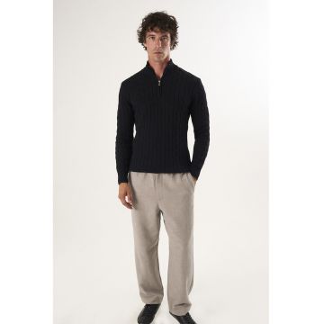 Pulover regular fit cu fenta cu fermoar - Negru