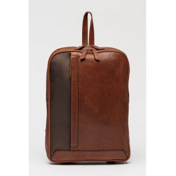 Rucsac de piele cu detalii de panza - Maro inchis