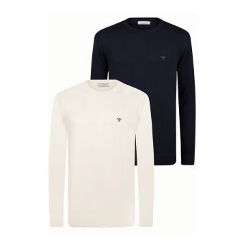 Set de pulovere tricotate cu decolteu la baza gatului - 2 piese - Crem/Bleumarin