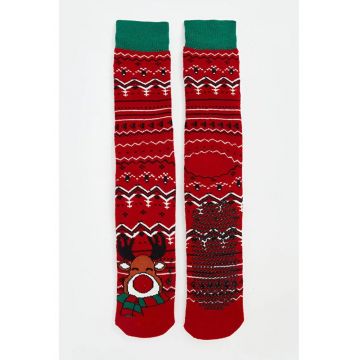 Sosete lungi cu model de Craciun - Rosu
