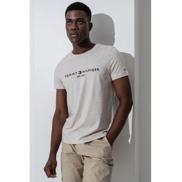 Tricou slim fit din bumbac cu broderie - Grej