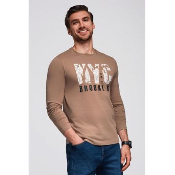 Bluza cu decolteu la baza gatului si model text - Alb/Negru/Maro taupe