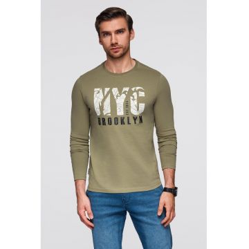 Bluza cu decolteu la baza gatului si model text - Alb/Negru/Verde masliniu