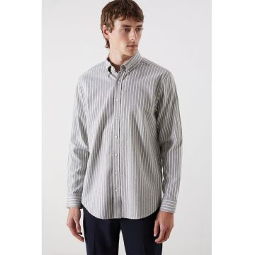 Camasa din bumbac cu dungi si guler clasic - Gri deschis