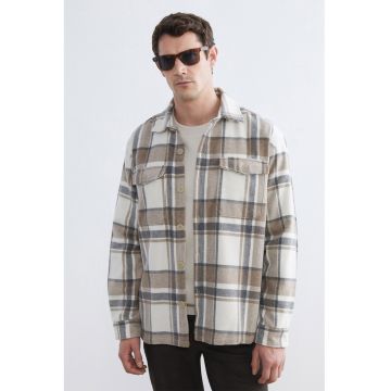 Camasa in carouri cu buzunar pe piept - Alb/Albastru ultramarin/Maro deschis