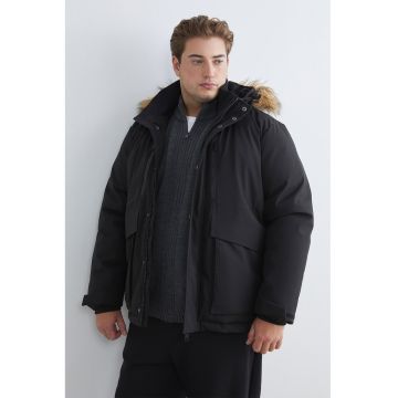 Geaca cu garnitura de blana sintetica - Negru
