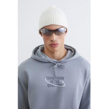 Hanorac cu imprimeu text si buzunar kangaroo - Violet deschis/Gri