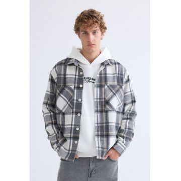 Jacheta-camasa cu model in carouri si buzunare pe piept - Alb/Gri