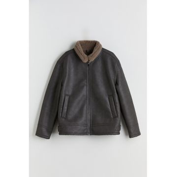 Jacheta de piele ecologica cu buzunare oblice - Gri inchis