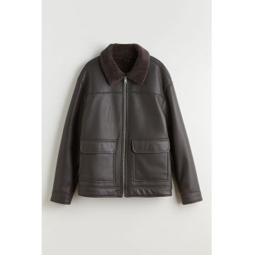 Jacheta de piele ecologica cu guler de blana sintetica - Maro