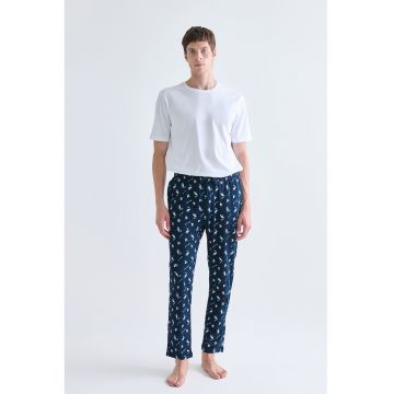 Pantaloni de pijama de bumbac cu imprimeu - Alb/Bleumarin