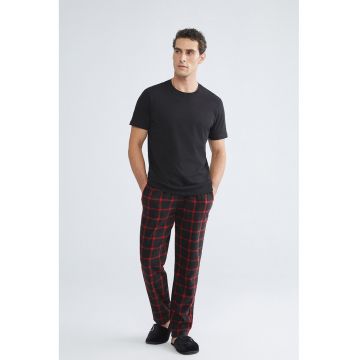Pantaloni lungi de pijama cu model in carouri si snur - Rosu/Negru