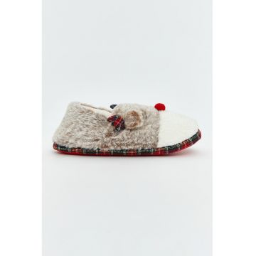 Papuci cu model de Craciun - Alb/Maro nisip