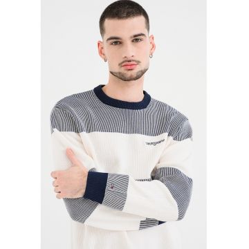 Pulover cu decolteu la baza gatului si imprimeu logo - Alb/Bleumarin