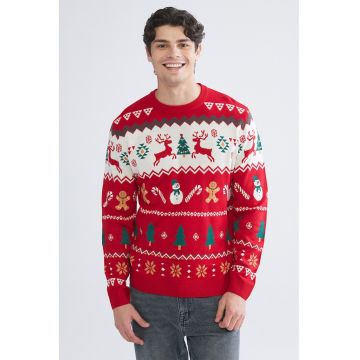 Pulover cu decolteu la baza gatului si model de Craciun - Rosu/Alb/Verde