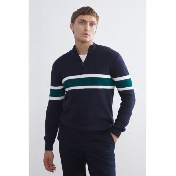 Pulover cu dungi si fermoar scurt - Alb/Verde/Bleumarin