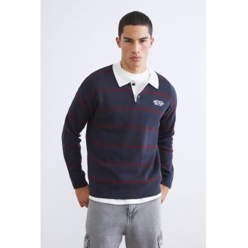 Pulover cu dungi si guler - Alb/Albastru ultramarin/Rosu inchis