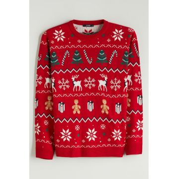 Pulover cu model de Craciun - Rosu/Alb/Verde