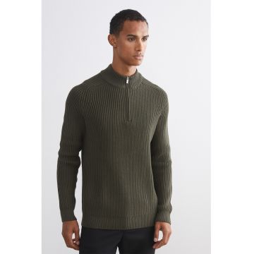 Pulover de amestec de bumbac cu fenta cu fermoar scurt - Kaki inchis