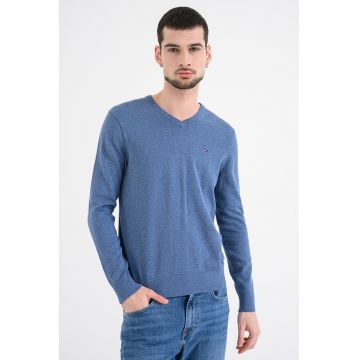 Pulover de bumbac cu decolteu in V - Albastru melange