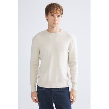 Pulover de bumbac cu decolteu la baza gatului - Alb fildes