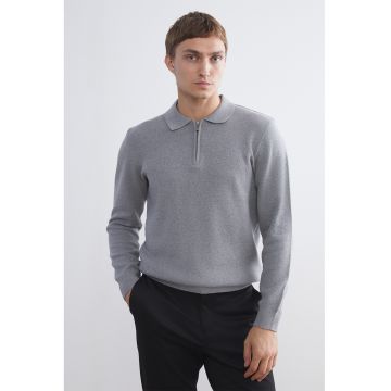 Pulover de bumbac cu guler ascutit - Gri melange