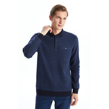 Pulover din amestec de bumbac cu fenta cu nasturi - Albastru inchis