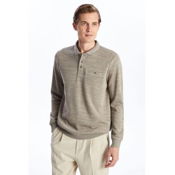 Pulover din amestec de bumbac cu fenta cu nasturi - Maro nisip