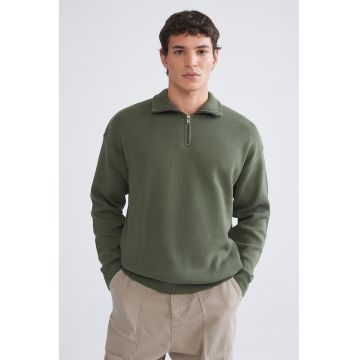 Pulover din bumbac cu fermoar scurt - Kaki