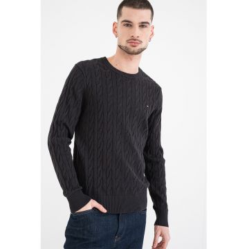 Pulover din bumbac organic cu model torsade - Negru