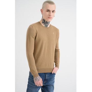 Pulover din lana cu decolteu rotund - Maro camel