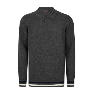 Pulover polo cu accente in dungi - Alb optic/Gri antracit