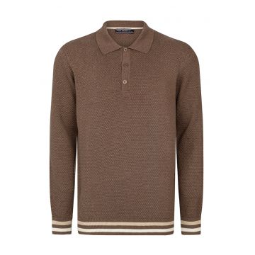 Pulover polo cu accente in dungi - Maro inchis/Bej/Alb murdar