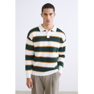 Pulover polo cu dungi - Alb/Verde englez/Caramel