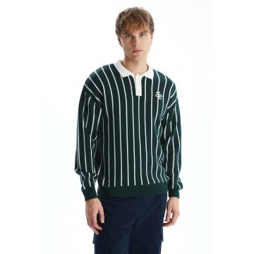 Pulover polo cu model in dungi - Verde/Alb fildes