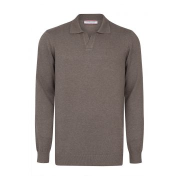 Pulover tricotat cu guler polo - Maro