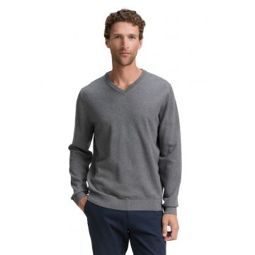 Pulover tricotat fin cu decolteu in V - Gri melange