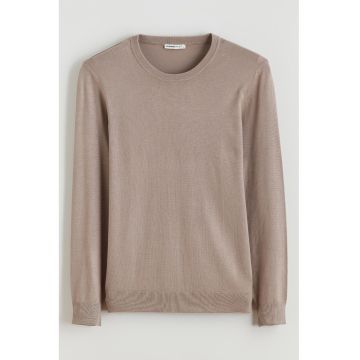 Pulover tricotat fin cu decolteu la baza gatului - Maro nisip