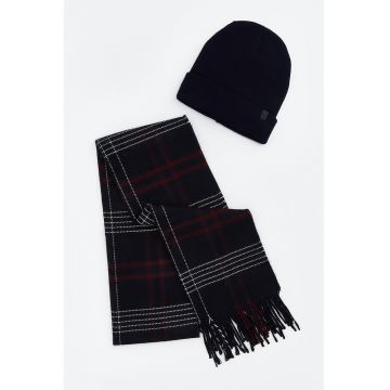 Set de caciula si fular in carouri si franjuri - 2 piese - Rosu inchis/Negru