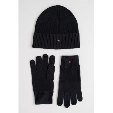 Set de manusi si caciula din amestec de casmir Flag - Negru