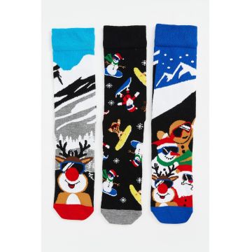 Set de sosete cu model - 3 perechi - Rosu/Albastru/Gri