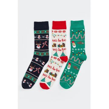 Set de sosete lungi cu tematica de Craciun - 3 perechi - Alb/Verde/Negru