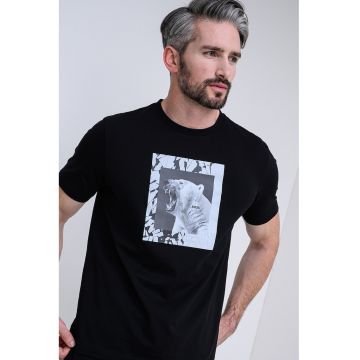 Tricou cu decolteu la baza gatului si imprimeu foto - Negru/Gri deschis