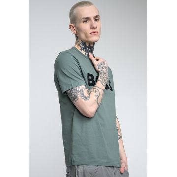 Tricou cu decolteu la baza gatului si imprimeu logo - Negru/Verde aquamarin